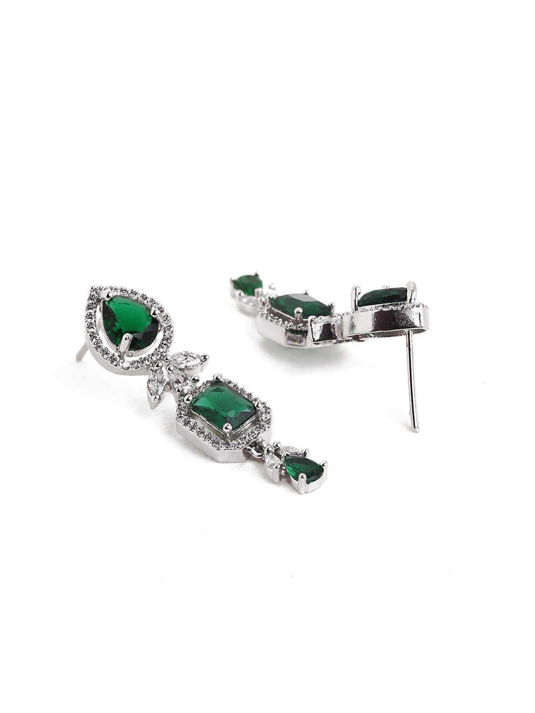 Emerald Elegance in Silver Plating Floral Necklace with AD Elegant Earrings Jewellery Set