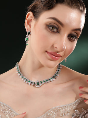 Emerald Elegance in Silver Plating Floral Necklace with AD Elegant Earrings Jewellery Set