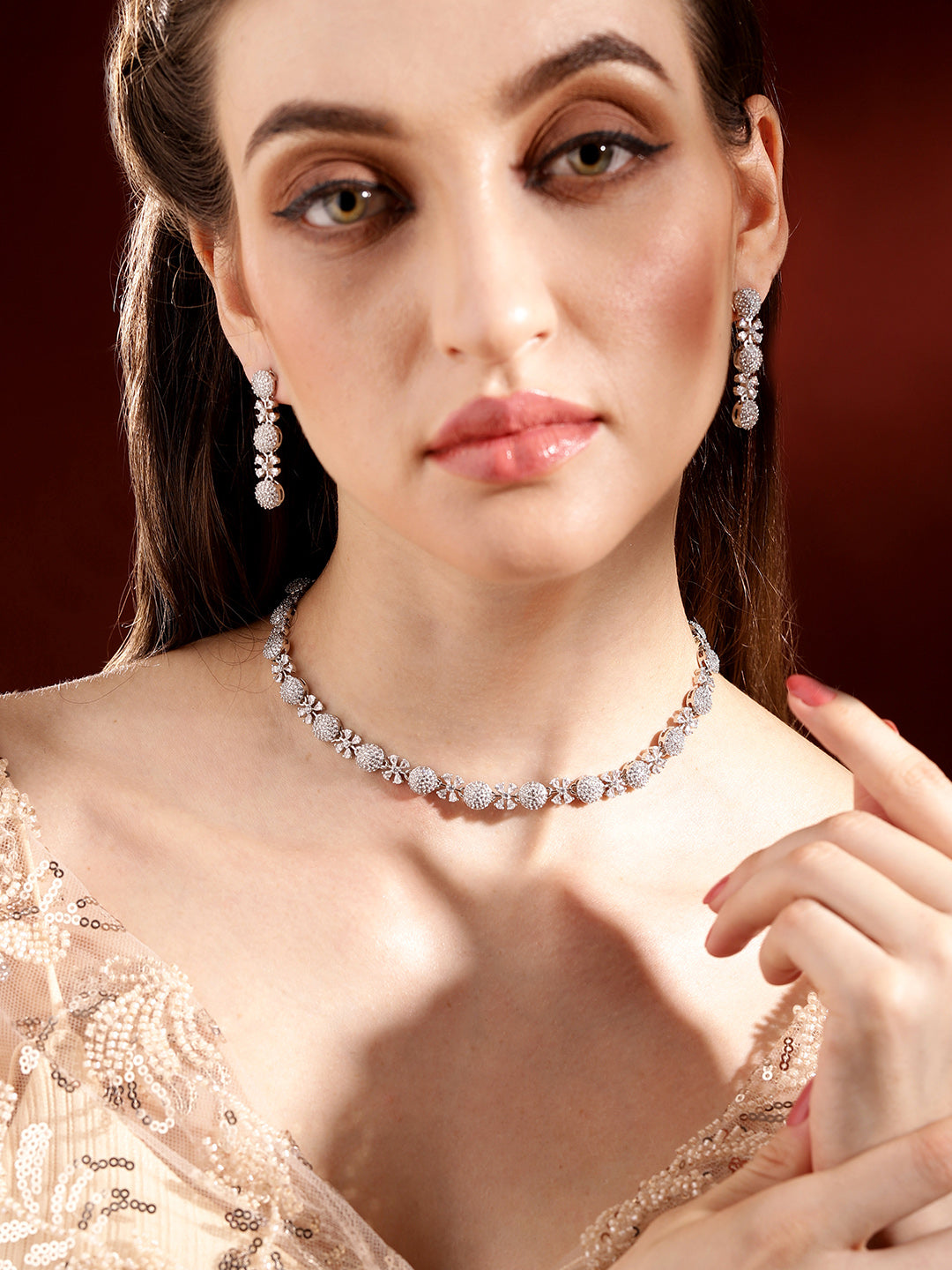 Silver Plating AD Elegance Blossom Design Necklace with Statement Floral Earrings Jewellery Set