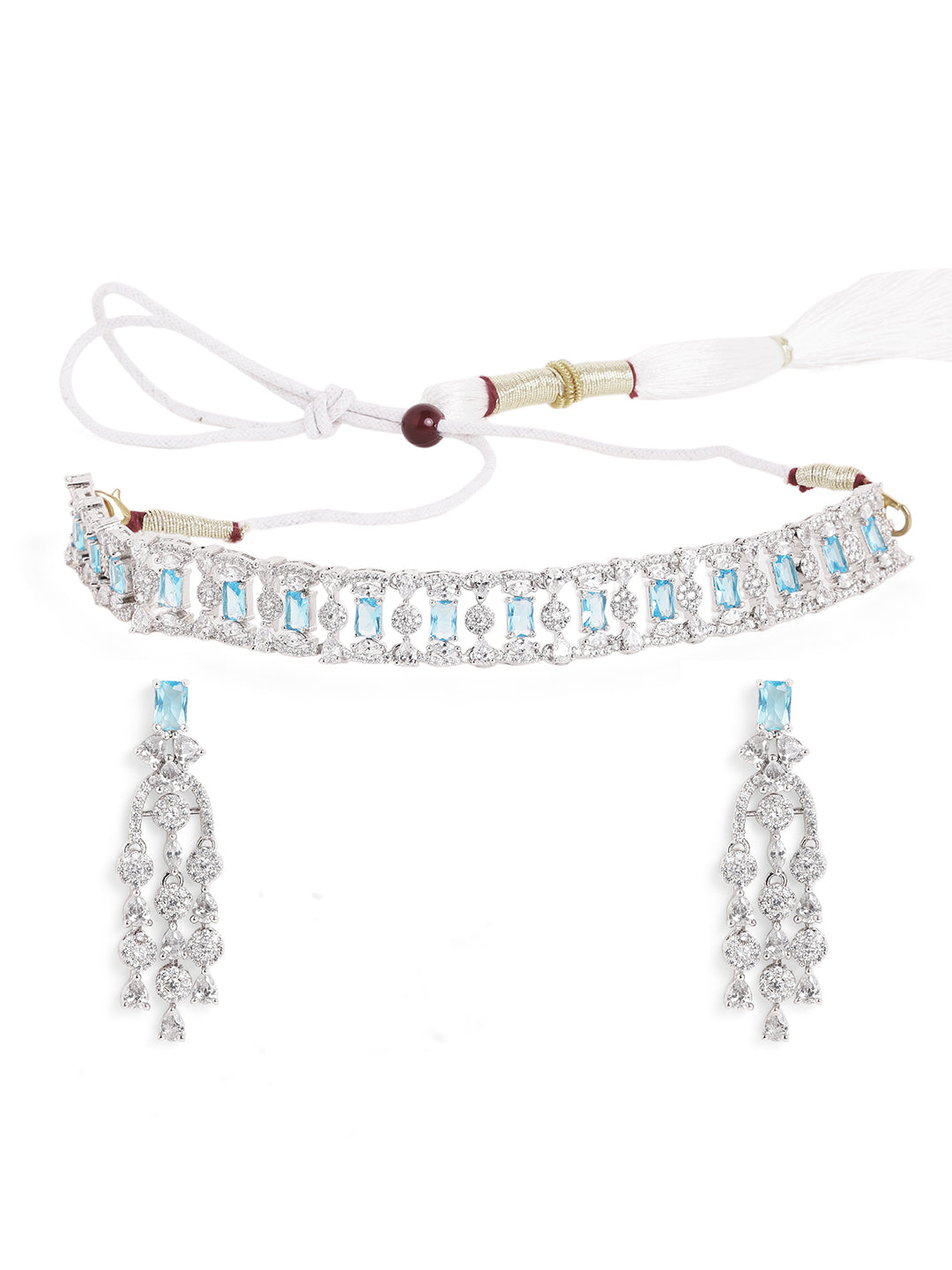 Blue White Stoned Combo Elegance Statement Choker Necklace with AD Earrings Jewellery Set