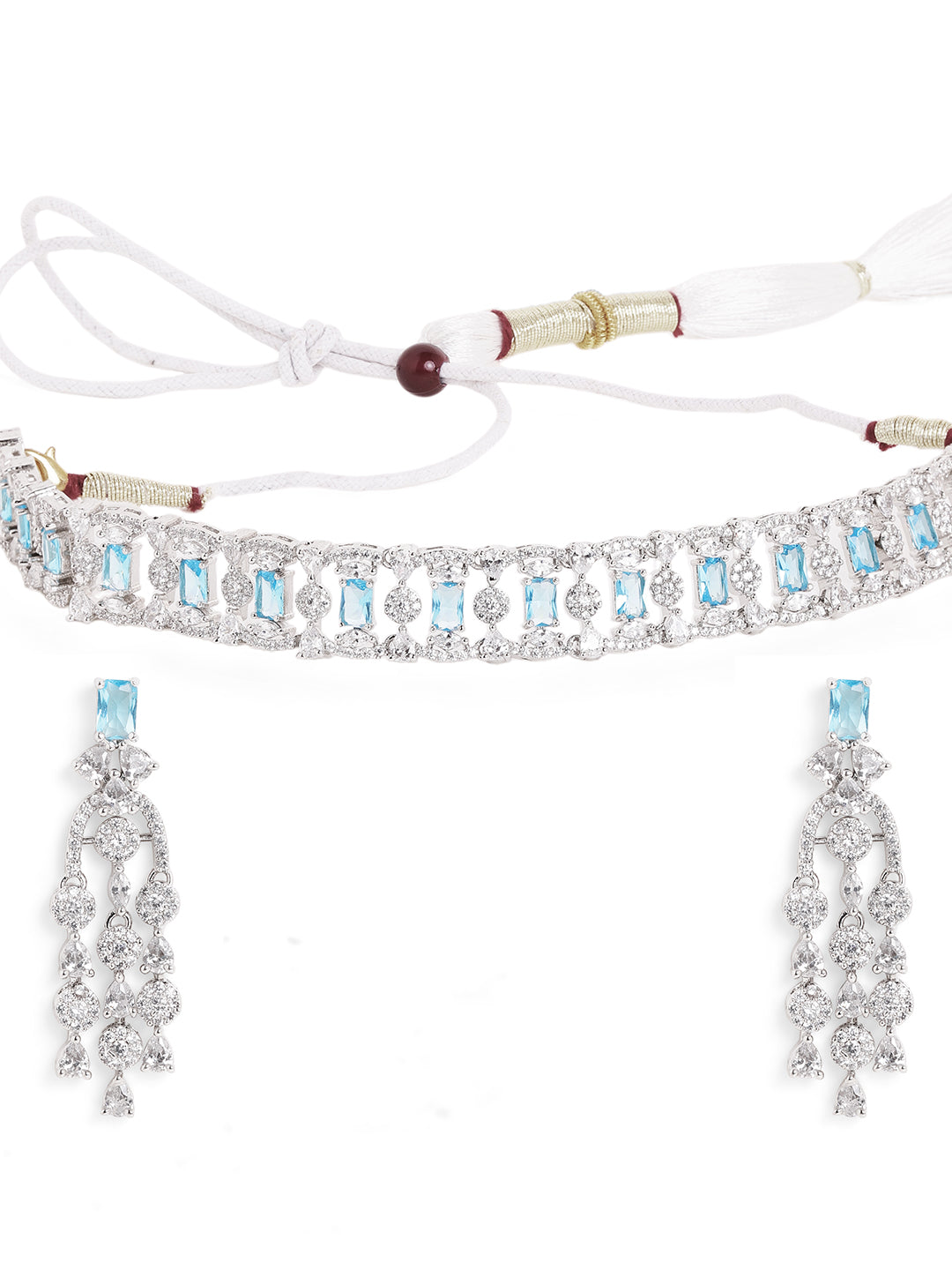 Blue White Stoned Combo Elegance Statement Choker Necklace with AD Earrings Jewellery Set