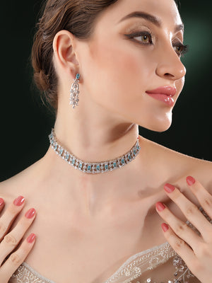 Blue White Stoned Combo Elegance Statement Choker Necklace with AD Earrings Jewellery Set