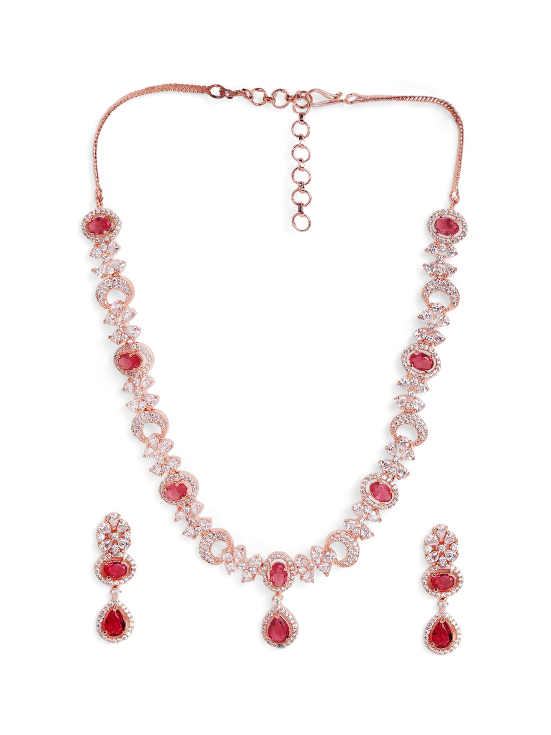 Blossom Floral Red Stoned Design Rosegold Necklace with AD Earrings Jewellery Set