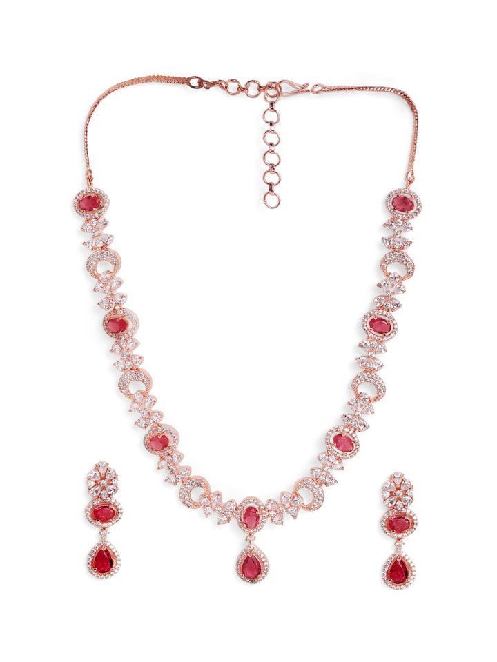 Blossom Floral Red Stoned Design Rosegold Necklace with AD Earrings Jewellery Set