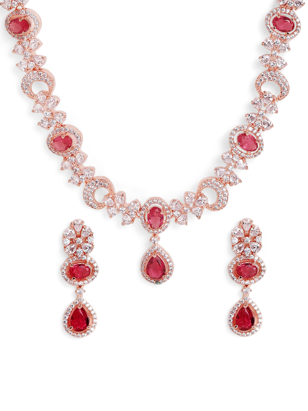 Blossom Floral Red Stoned Design Rosegold Necklace with AD Earrings Jewellery Set