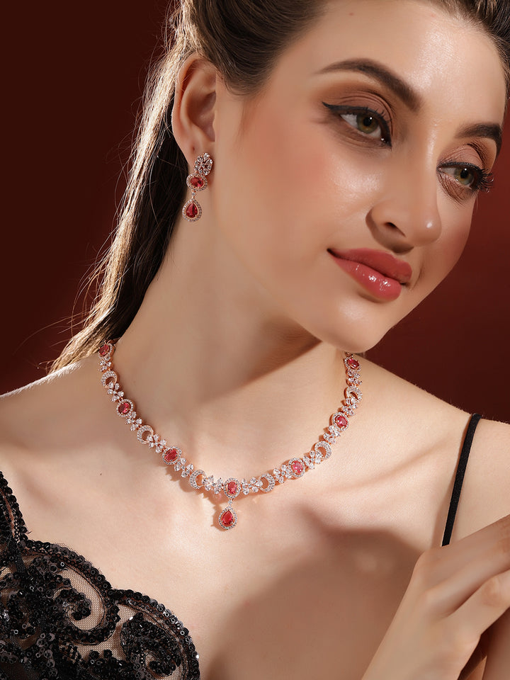 Blossom Floral Red Stoned Design Rosegold Necklace with AD Earrings Jewellery Set