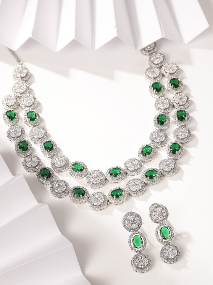 Emerald Whitestone Geometry Style Two Layered Necklace with AD Earrings Statement Jewellery Set