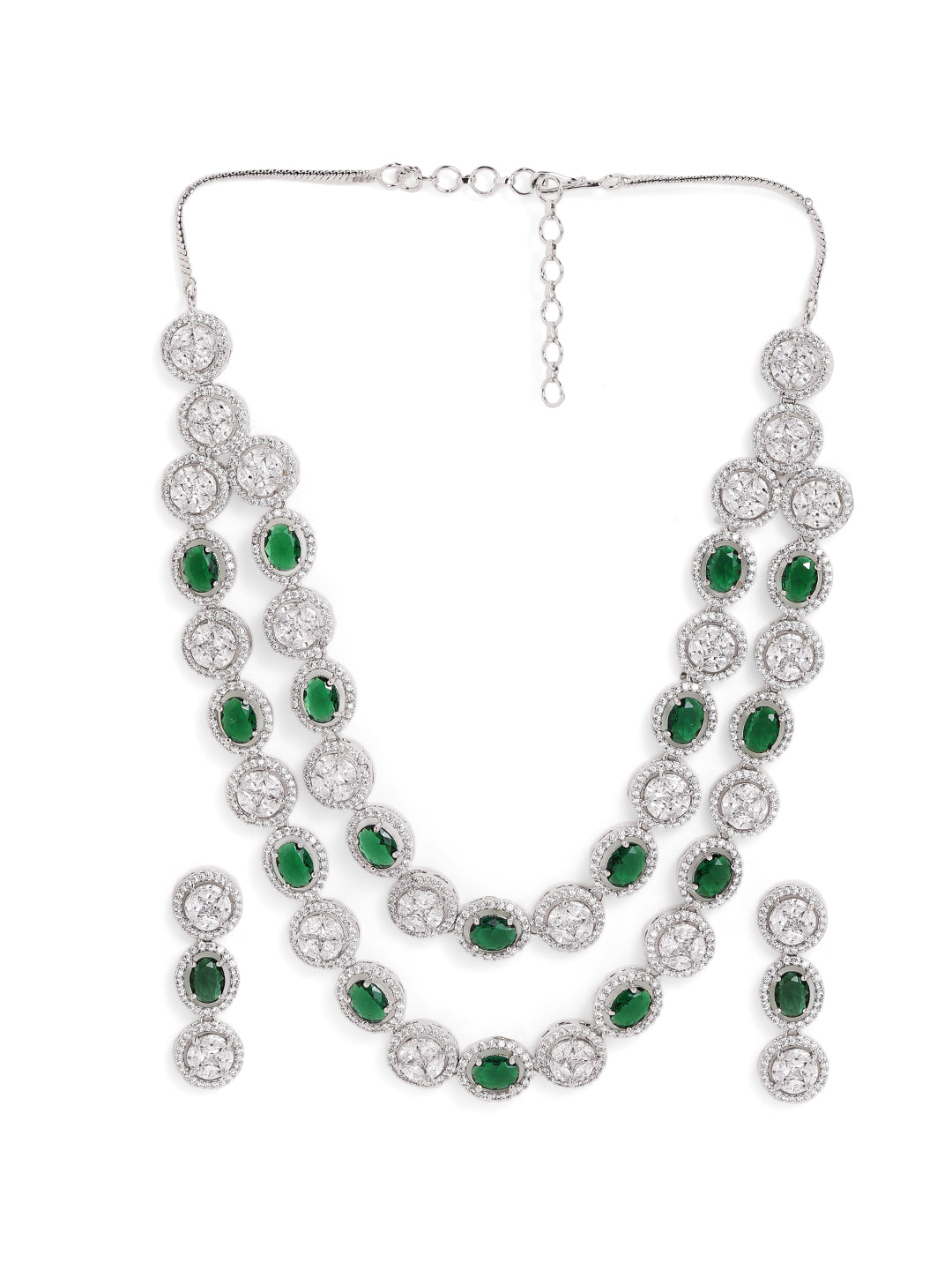 Emerald Whitestone Geometry Style Two Layered Necklace with AD Earrings Statement Jewellery Set