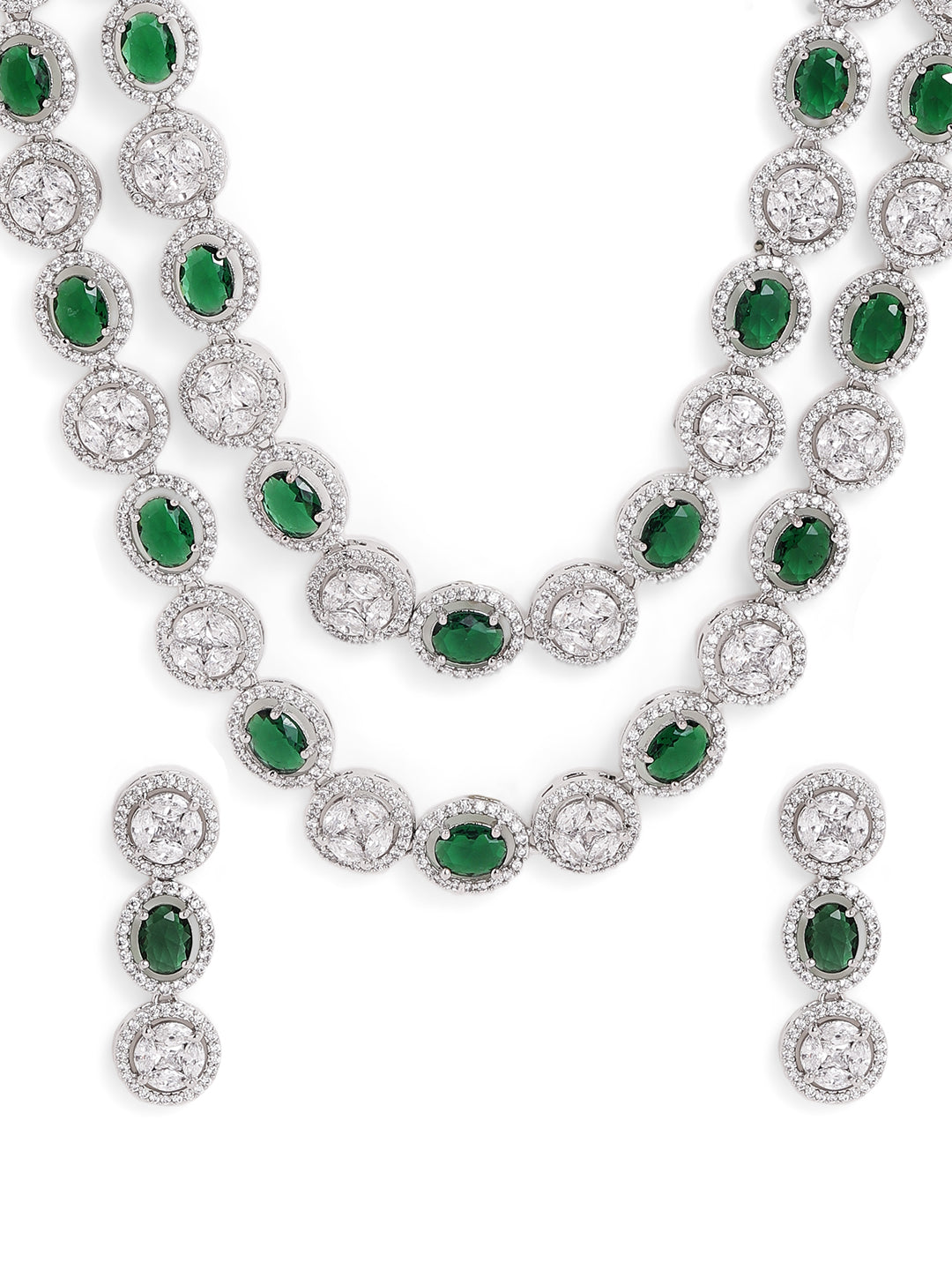 Emerald Whitestone Geometry Style Two Layered Necklace with AD Earrings Statement Jewellery Set