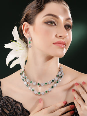 Emerald Whitestone Geometry Style Two Layered Necklace with AD Earrings Statement Jewellery Set