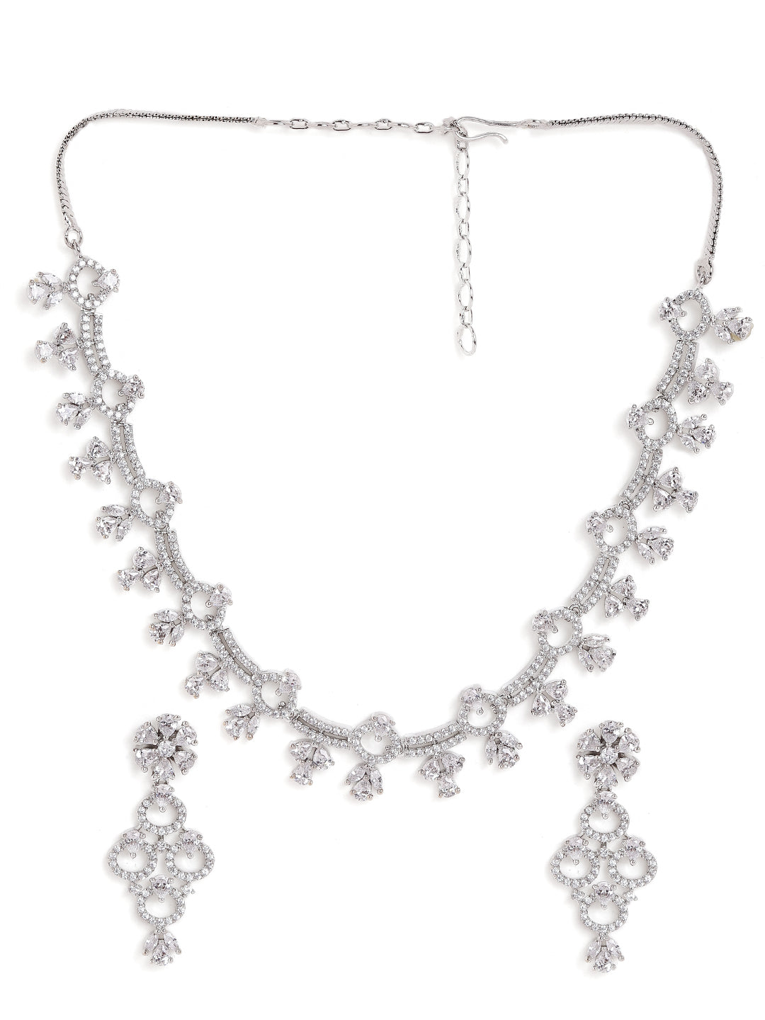 Fancy Whitestoned Floral Pattern Silver Plating Necklace with AD Earrings Jewellery Set