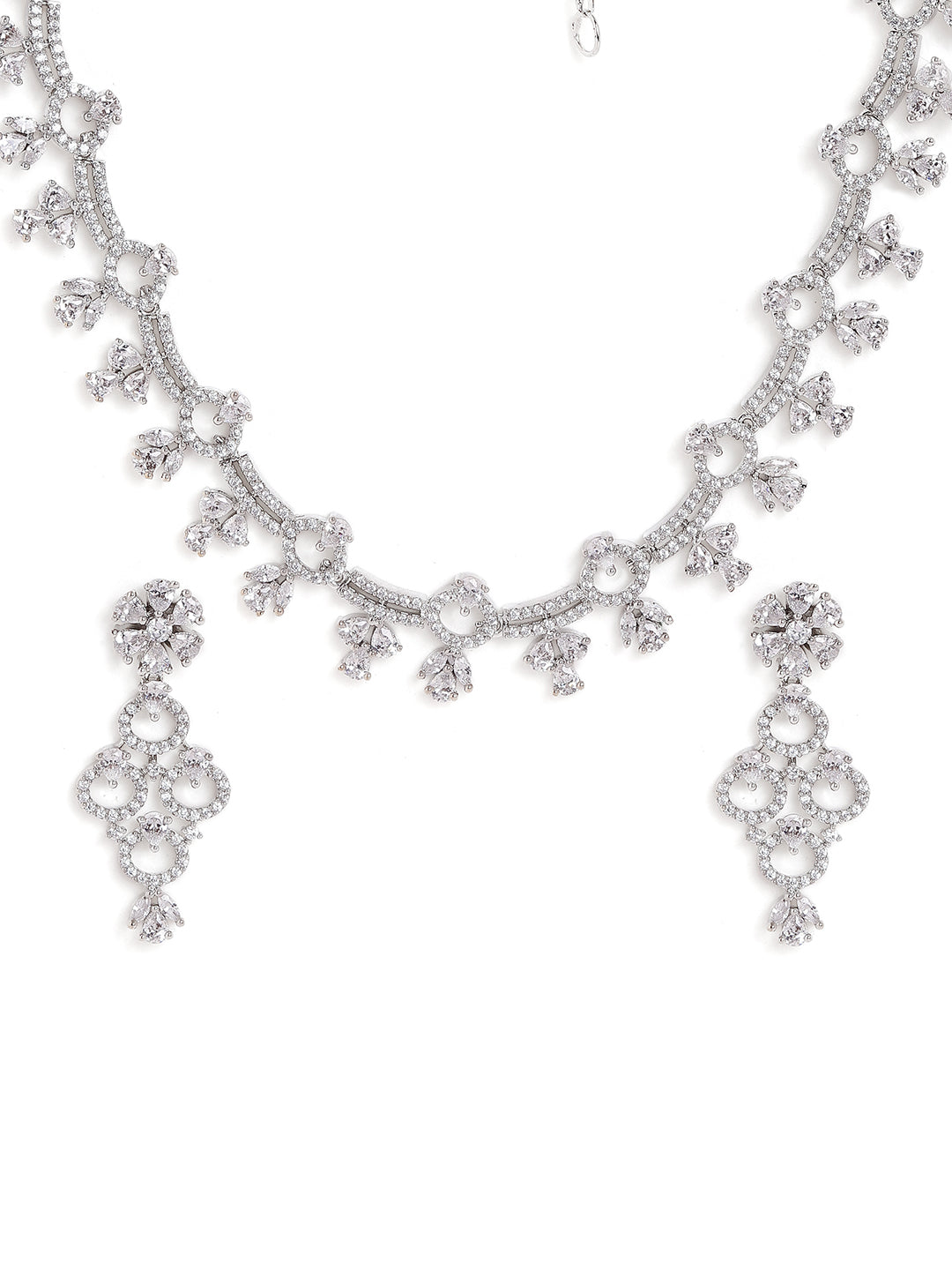 Fancy Whitestoned Floral Pattern Silver Plating Necklace with AD Earrings Jewellery Set