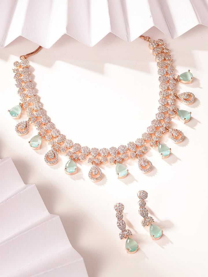 Mint AD Rosegold Plated Geometry Statement Elegance necklace with Elegant Earrings Jewellery Set