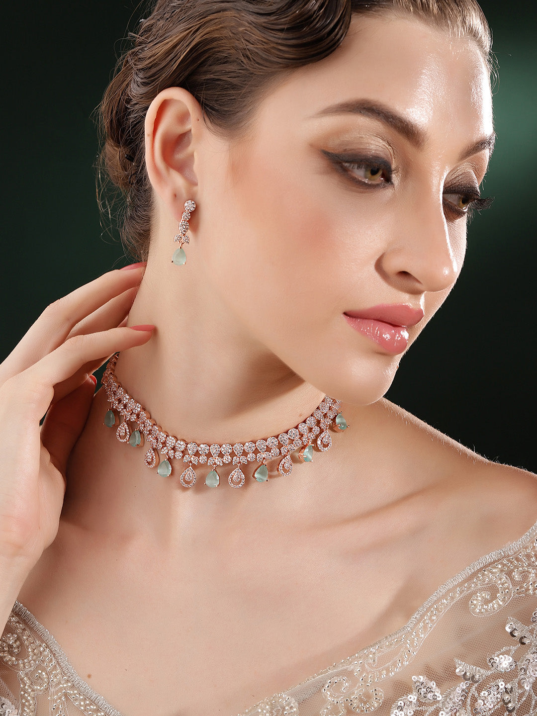 Mint AD Rosegold Plated Geometry Statement Elegance necklace with Elegant Earrings Jewellery Set