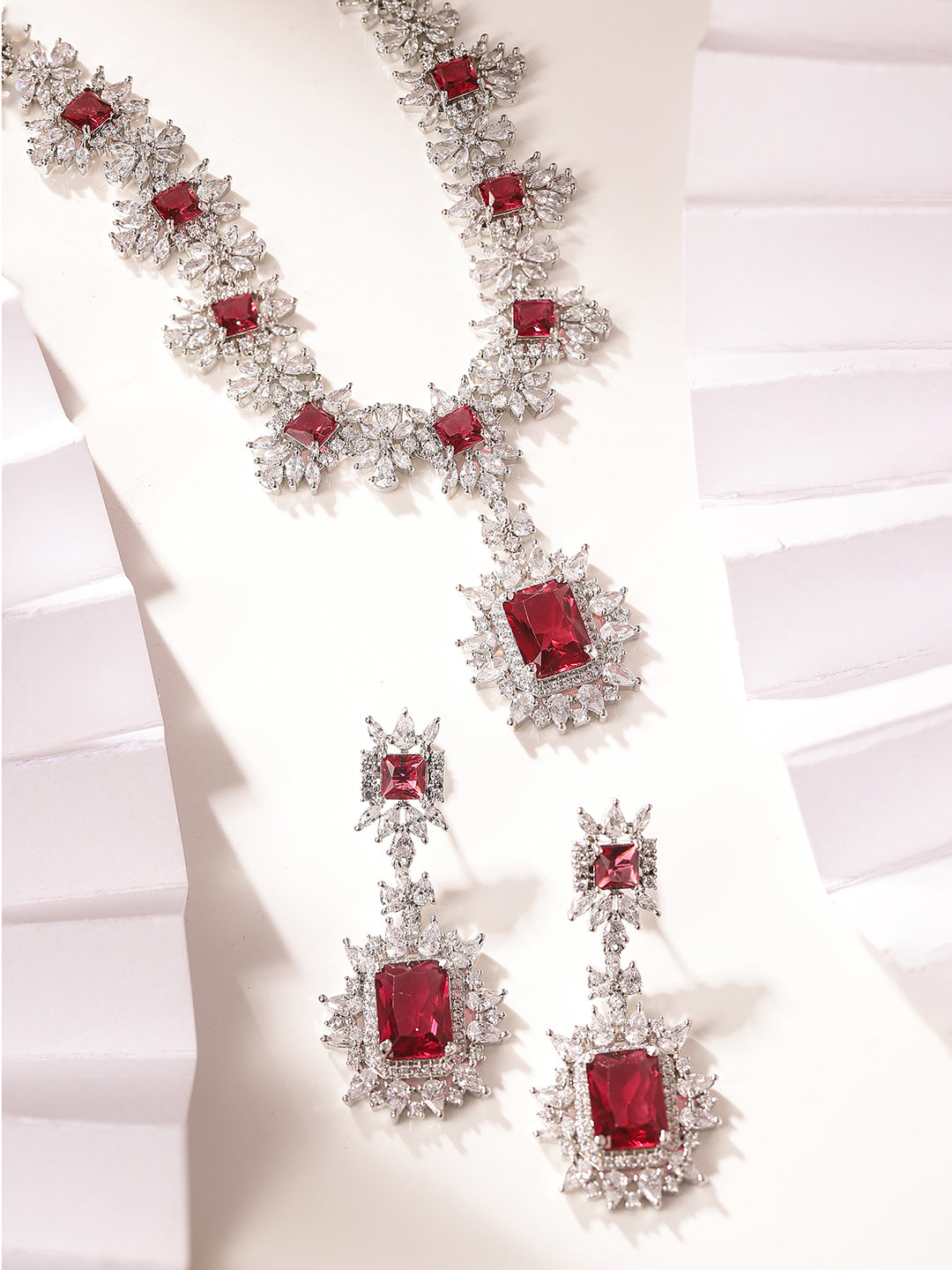 Ruby Stoned Exquisite AD Silver Plating Necklace with Floral Elegance Earrings Jewellery Set