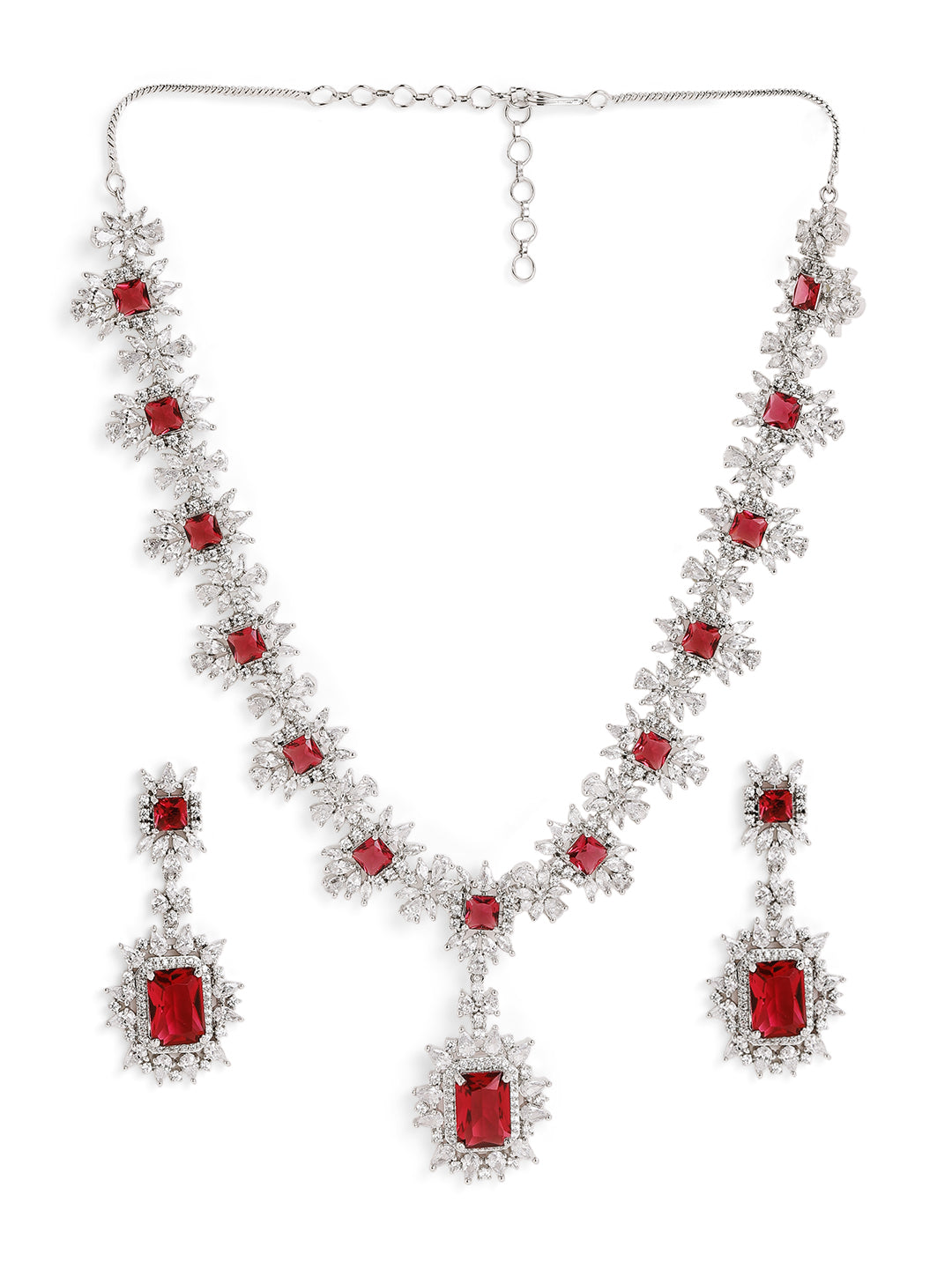 Ruby Stoned Exquisite AD Silver Plating Necklace with Floral Elegance Earrings Jewellery Set