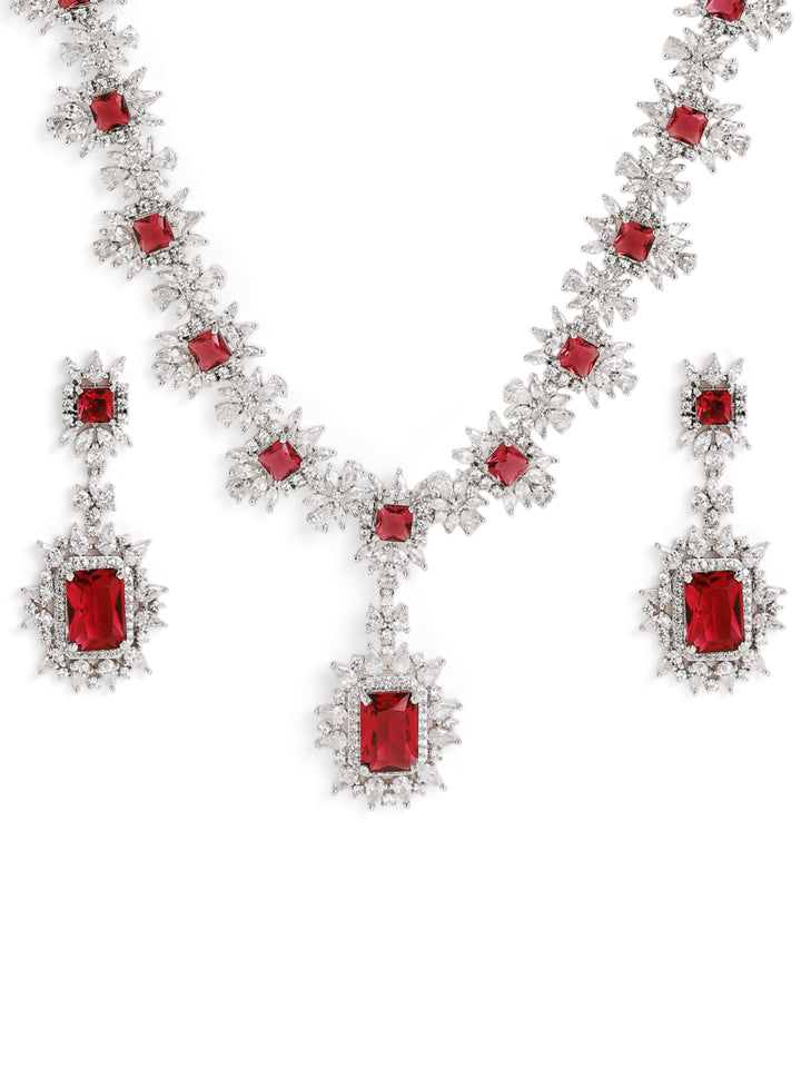 Ruby Stoned Exquisite AD Silver Plating Necklace with Floral Elegance Earrings Jewellery Set