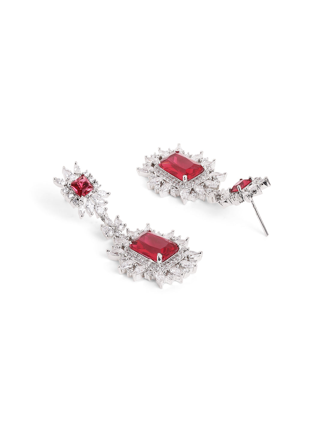 Ruby Stoned Exquisite AD Silver Plating Necklace with Floral Elegance Earrings Jewellery Set