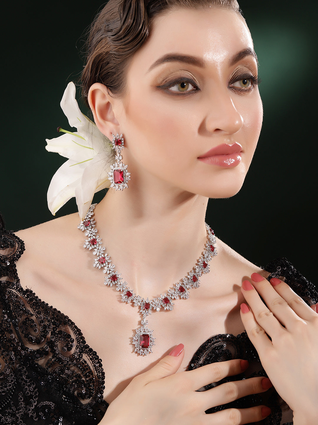 Ruby Stoned Exquisite AD Silver Plating Necklace with Floral Elegance Earrings Jewellery Set