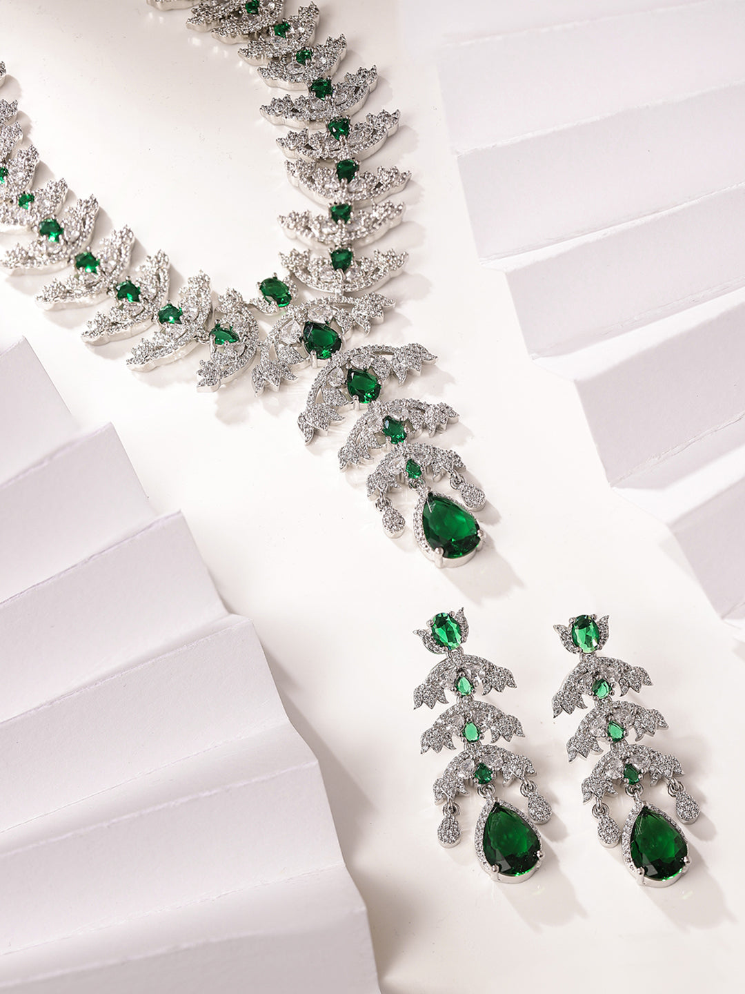 Emerald Stoned Blooming Elegance Silver Plated Necklace with AD Finest Earrings Jewellery Set