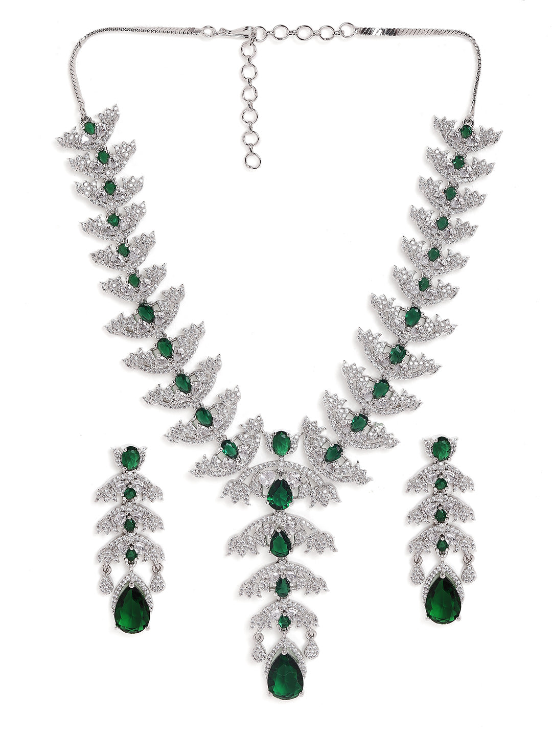 Emerald Stoned Blooming Elegance Silver Plated Necklace with AD Finest Earrings Jewellery Set