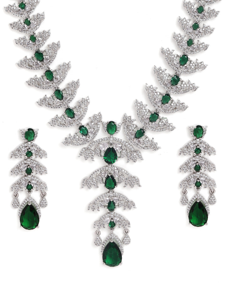 Emerald Stoned Blooming Elegance Silver Plated Necklace with AD Finest Earrings Jewellery Set