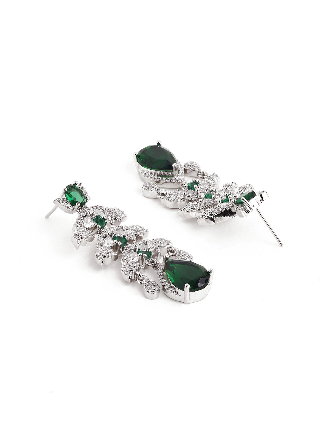 Emerald Stoned Blooming Elegance Silver Plated Necklace with AD Finest Earrings Jewellery Set