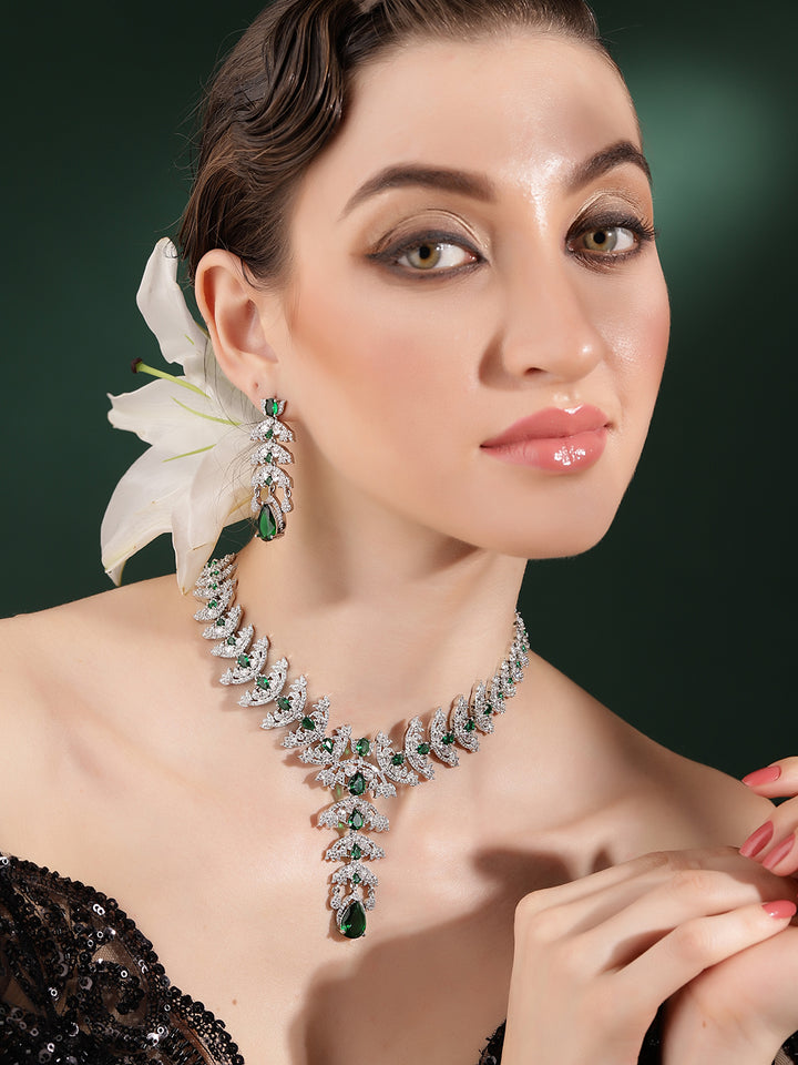 Emerald Stoned Blooming Elegance Silver Plated Necklace with AD Finest Earrings Jewellery Set