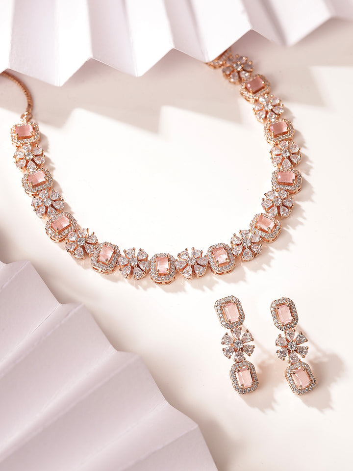 Blooming Floral Elegance Rosegold AD Necklace with Simple Earrings Jewellery Set