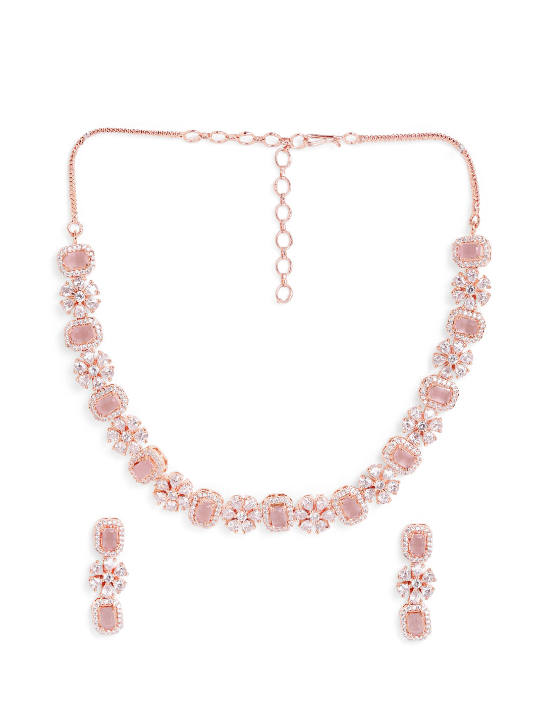 Blooming Floral Elegance Rosegold AD Necklace with Simple Earrings Jewellery Set