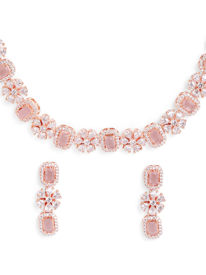 Blooming Floral Elegance Rosegold AD Necklace with Simple Earrings Jewellery Set