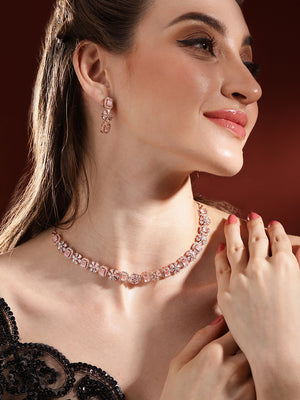 Blooming Floral Elegance Rosegold AD Necklace with Simple Earrings Jewellery Set