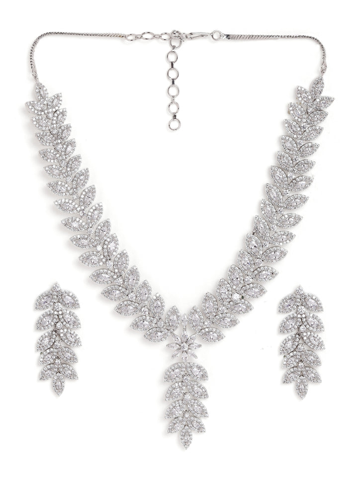 Leaf Elegance AD Silver Plating Statement Necklace with Finest Drop Earrings Jewellery Set