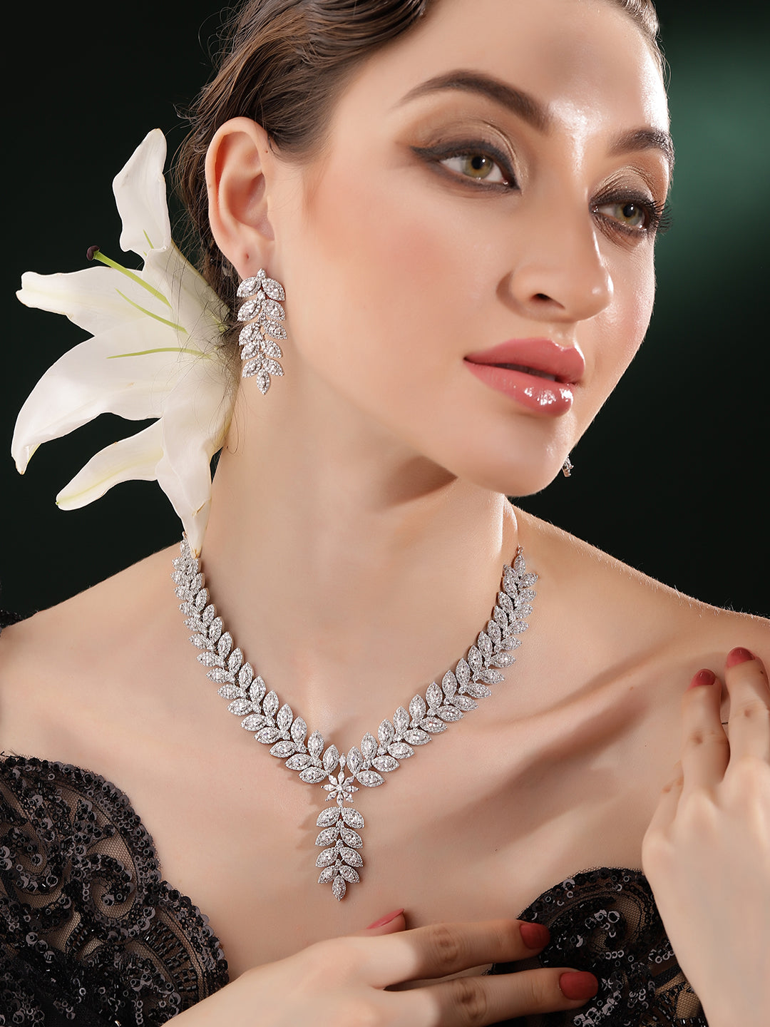 Leaf Elegance AD Silver Plating Statement Necklace with Finest Drop Earrings Jewellery Set