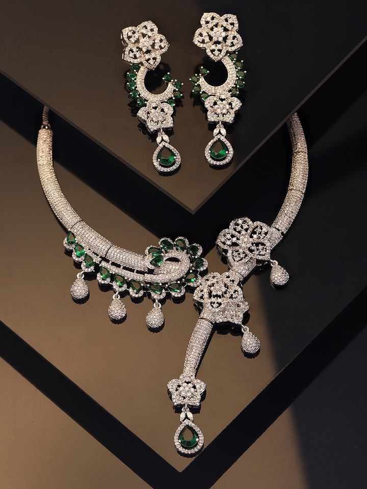 Royal Emerald Floral Statement AD Necklace with Drop Elegant Drop Earrings Jewellery Set