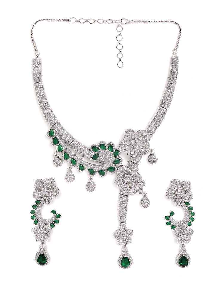 Royal Emerald Floral Statement AD Necklace with Drop Elegant Drop Earrings Jewellery Set