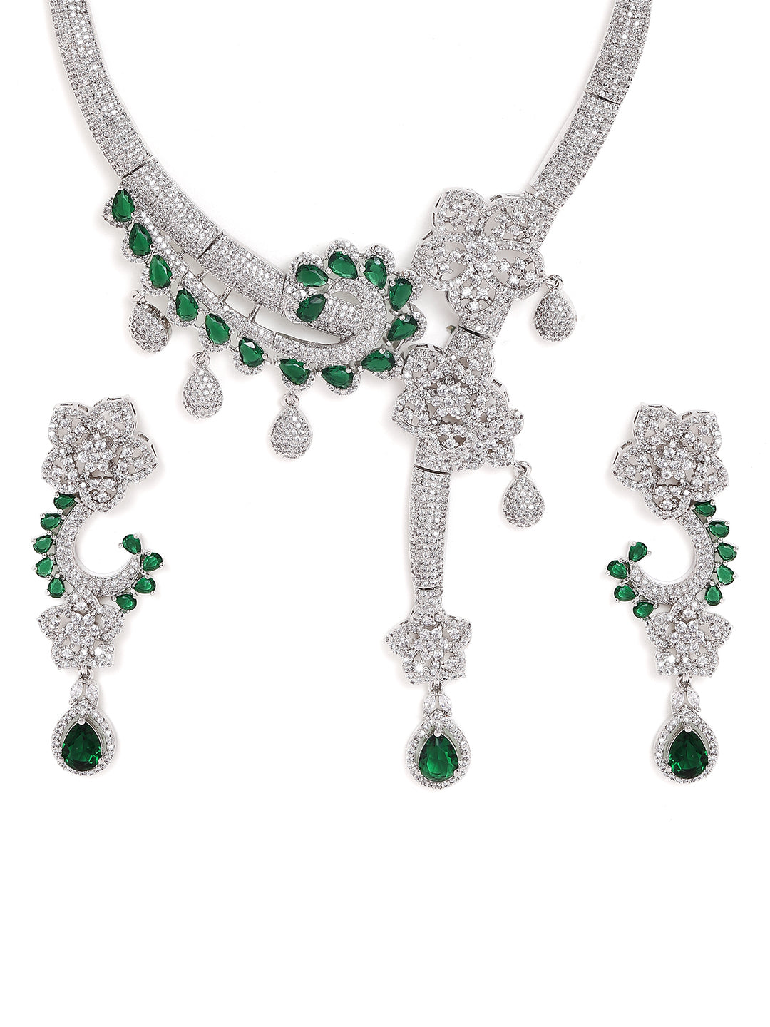 Royal Emerald Floral Statement AD Necklace with Drop Elegant Drop Earrings Jewellery Set