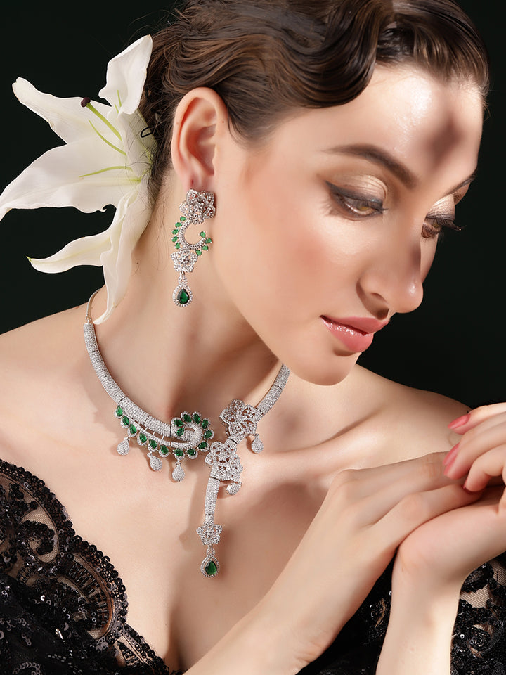 Royal Emerald Floral Statement AD Necklace with Drop Elegant Drop Earrings Jewellery Set