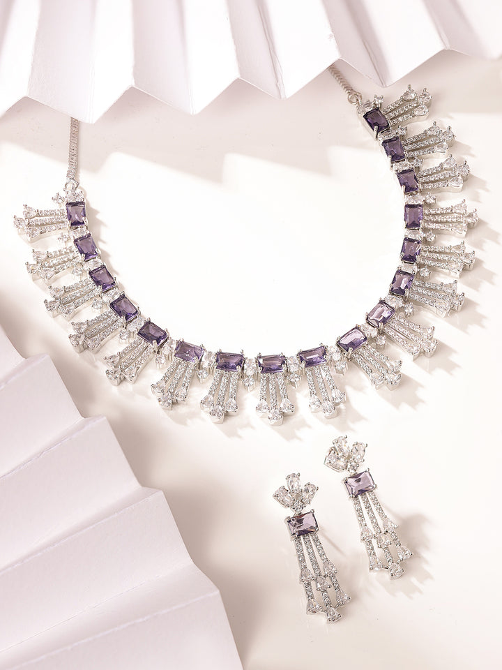 Violet Elegance Stone AD Silver Plated Statement Necklace with Fancy Earrings Jewellery Set