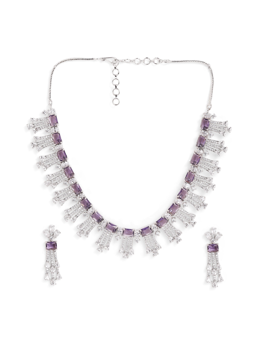 Violet Elegance Stone AD Silver Plated Statement Necklace with Fancy Earrings Jewellery Set