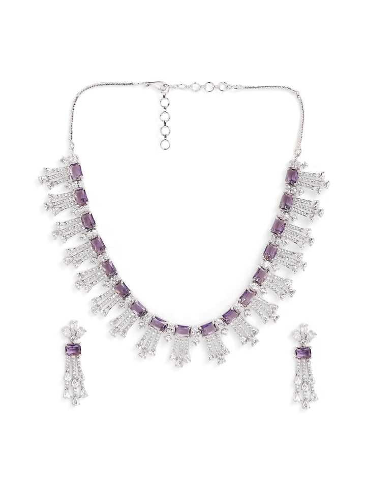 Violet Elegance Stone AD Silver Plated Statement Necklace with Fancy Earrings Jewellery Set