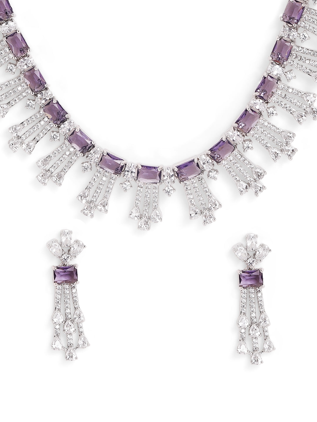 Violet Elegance Stone AD Silver Plated Statement Necklace with Fancy Earrings Jewellery Set