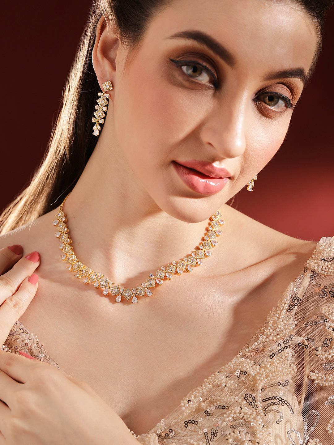 Gold Plated Floral Pattern Graceful Necklace with AD Stoned Drop Earrings Jewellery Set