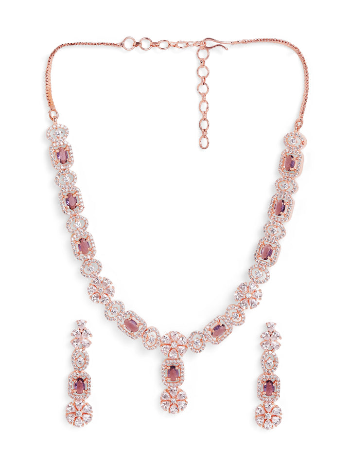 Rose gold Plated Floral Pattern Purple Stoned Necklace with AD Drop Earrings Jewellery Set