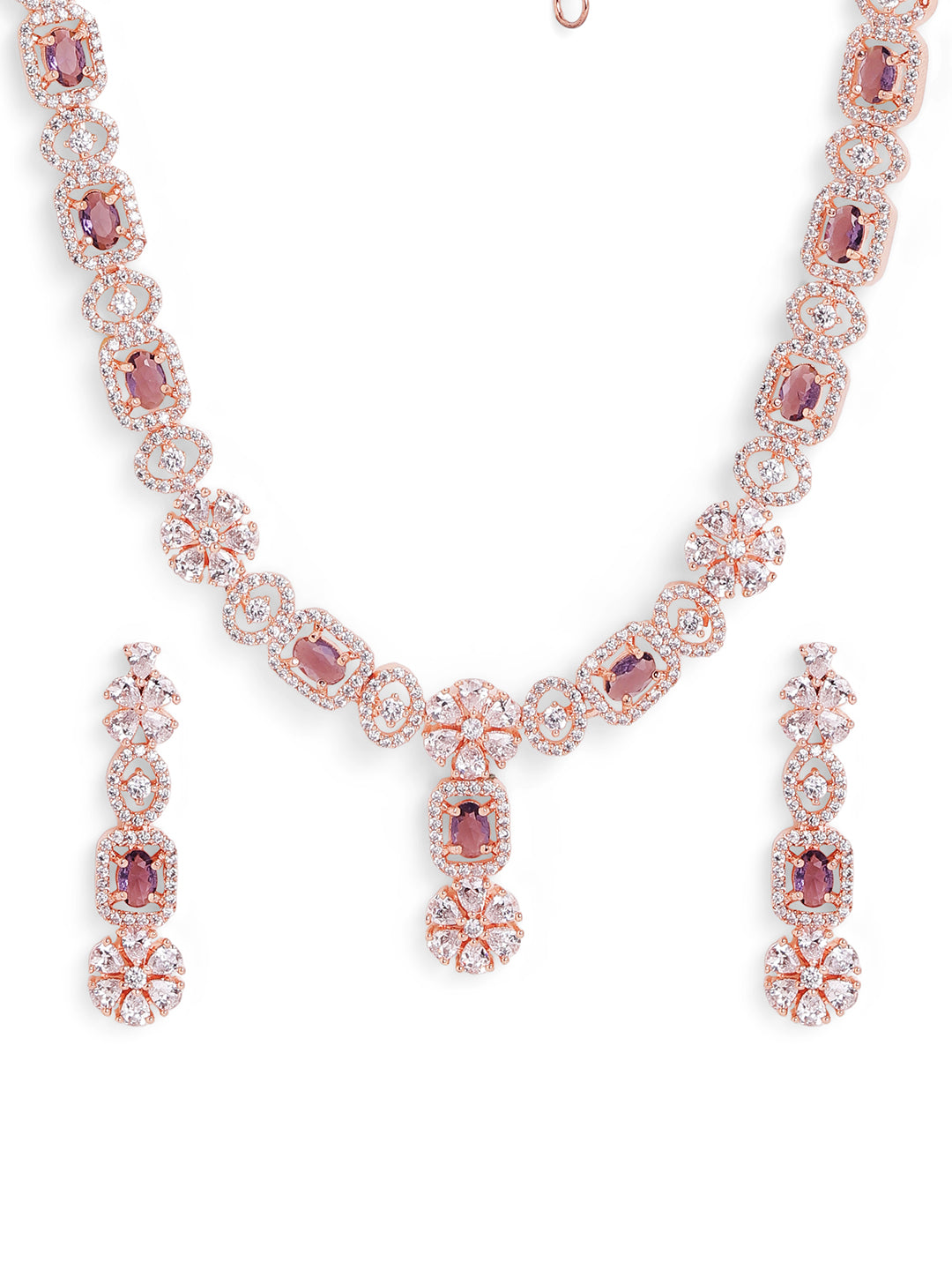 Rose gold Plated Floral Pattern Purple Stoned Necklace with AD Drop Earrings Jewellery Set