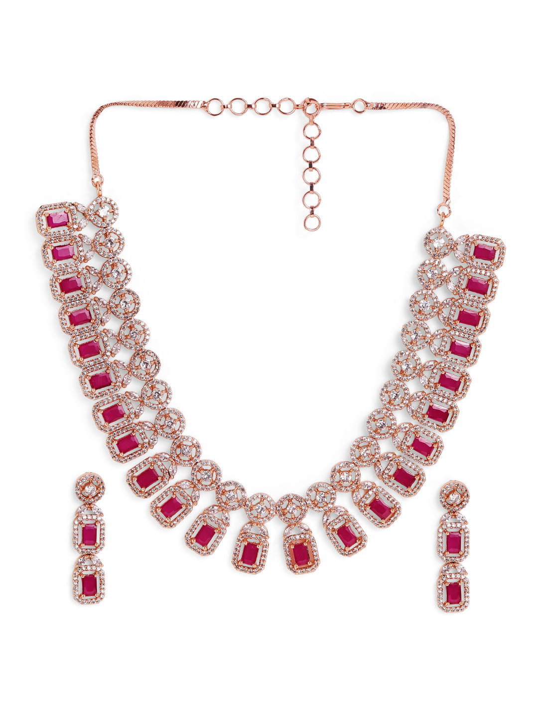 Ruby Stoned Rose gold Plated Statement Design Necklace with AD Drop Earrings Jewellery Set