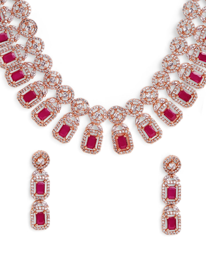 Ruby Stoned Rose gold Plated Statement Design Necklace with AD Drop Earrings Jewellery Set