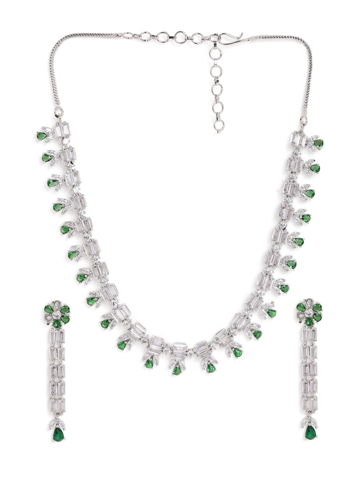 Mini Emerald Blossom Design Silver Plated Necklace with AD Drop Pattern Earrings Jewellery Set