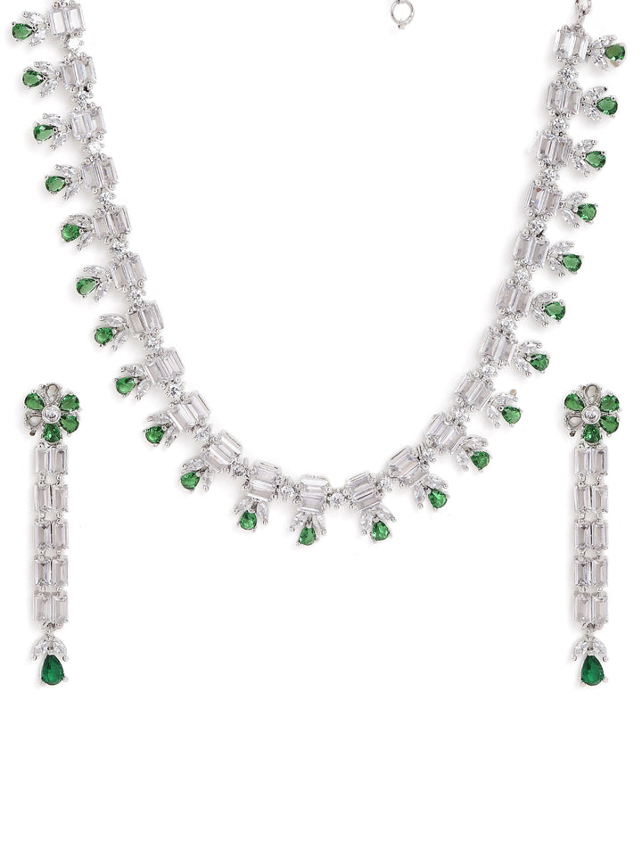 Mini Emerald Blossom Design Silver Plated Necklace with AD Drop Pattern Earrings Jewellery Set