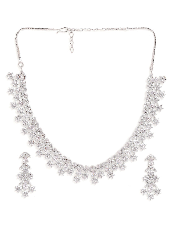 Flowery Design AD Sequence Silver Plated Necklace with Finest Pattern Earrings Jewellery Set